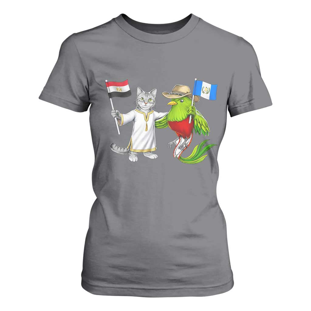 Egypt and Guatemala Friendship Heritage Pride T Shirt For Women Cute Cat and Quetzal Holding Flag TS02 Charcoal Print Your Wear