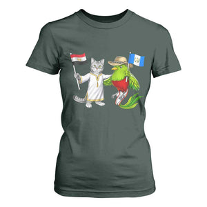 Egypt and Guatemala Friendship Heritage Pride T Shirt For Women Cute Cat and Quetzal Holding Flag TS02 Dark Forest Green Print Your Wear