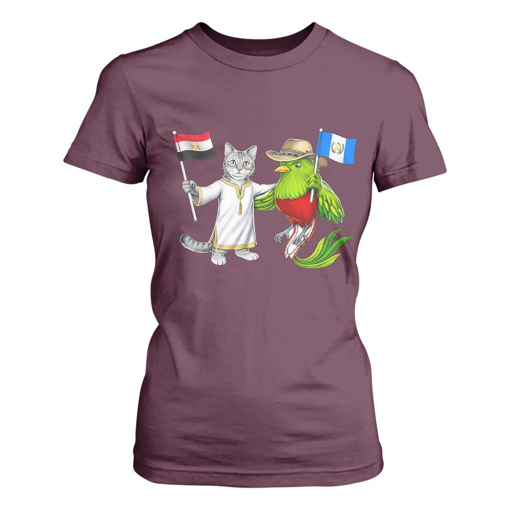 Egypt and Guatemala Friendship Heritage Pride T Shirt For Women Cute Cat and Quetzal Holding Flag TS02 Maroon Print Your Wear