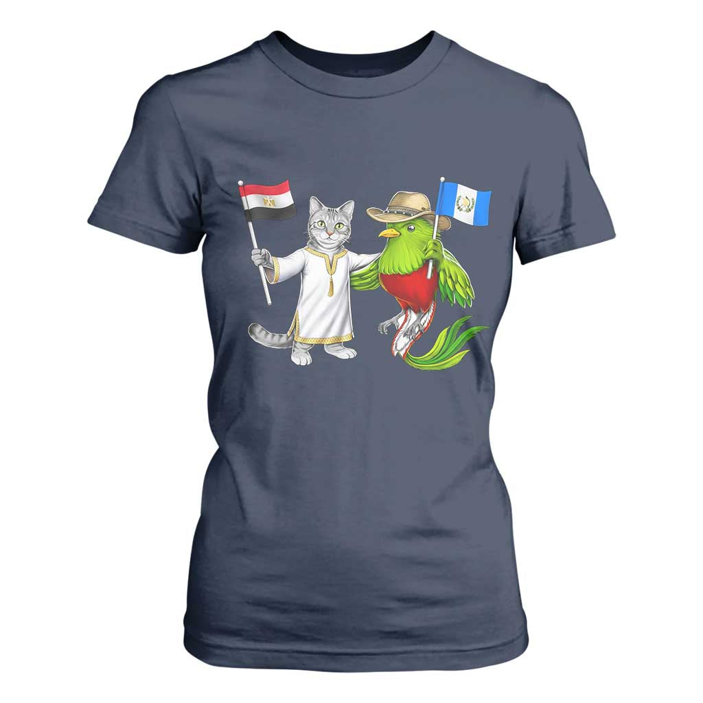 Egypt and Guatemala Friendship Heritage Pride T Shirt For Women Cute Cat and Quetzal Holding Flag TS02 Navy Print Your Wear