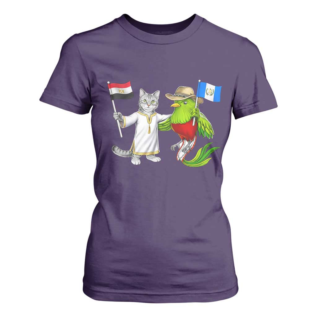 Egypt and Guatemala Friendship Heritage Pride T Shirt For Women Cute Cat and Quetzal Holding Flag TS02 Purple Print Your Wear