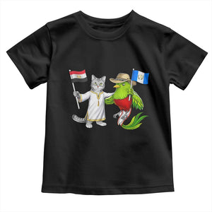Egypt and Guatemala Friendship Heritage Pride Toddler T Shirt Cute Cat and Quetzal Holding Flag TS02 Black Print Your Wear