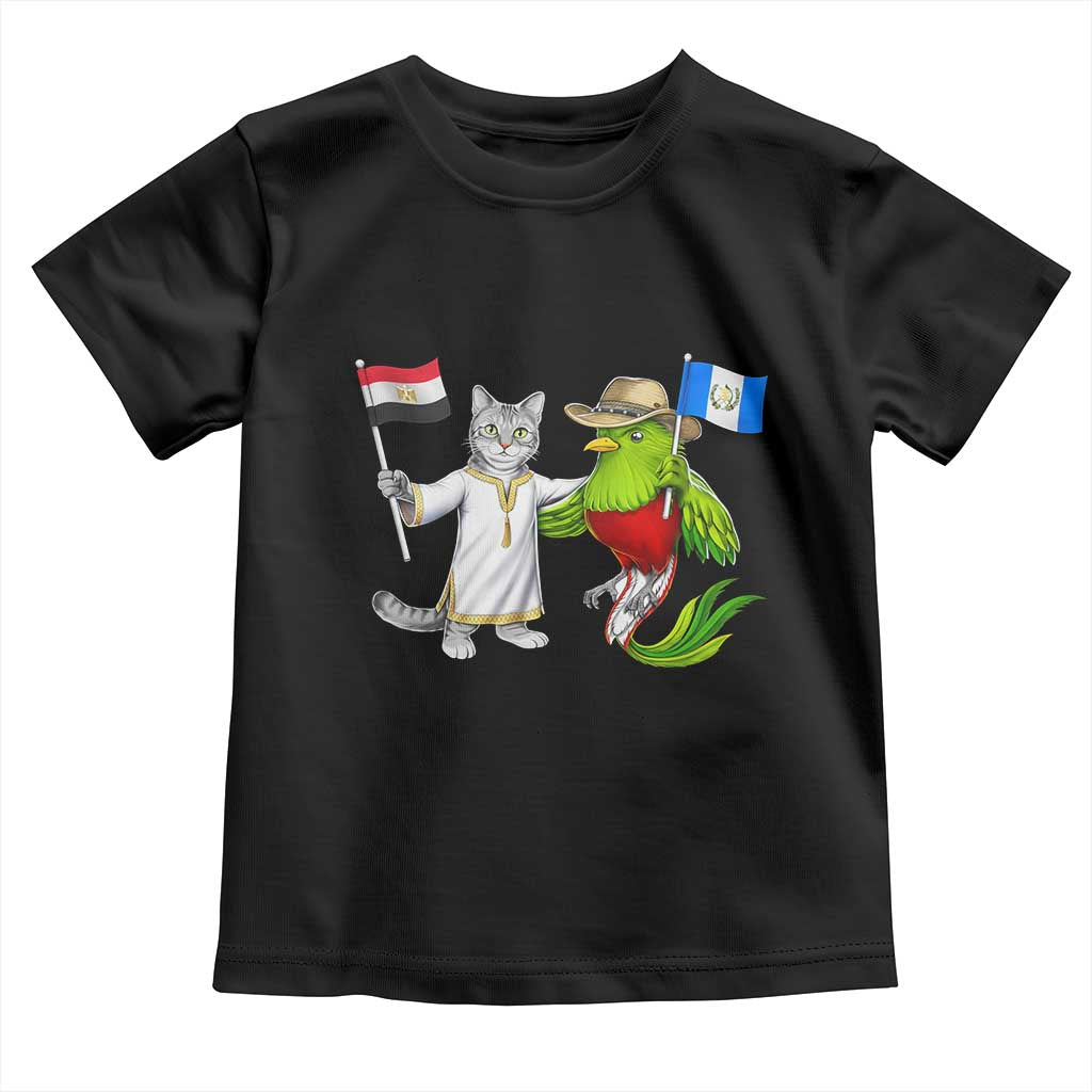 Egypt and Guatemala Friendship Heritage Pride Toddler T Shirt Cute Cat and Quetzal Holding Flag TS02 Black Print Your Wear