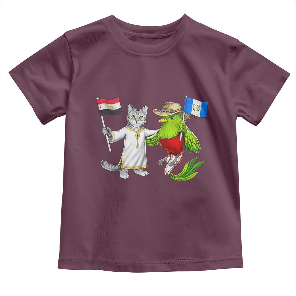 Egypt and Guatemala Friendship Heritage Pride Toddler T Shirt Cute Cat and Quetzal Holding Flag TS02 Maroon Print Your Wear