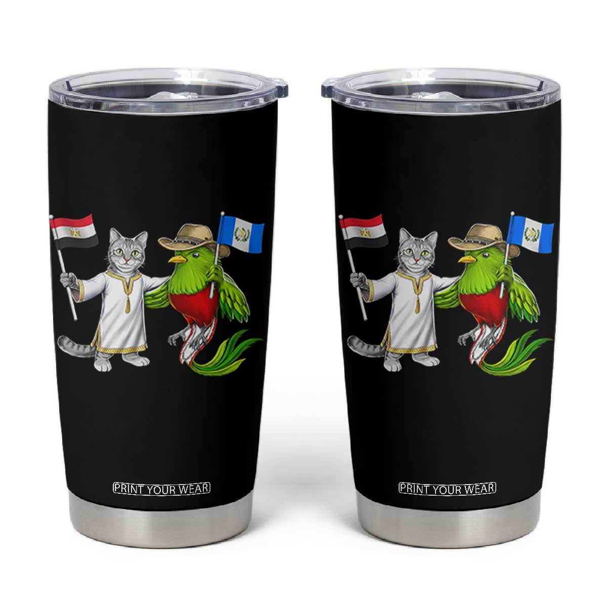 Egypt and Guatemala Friendship Heritage Pride Tumbler Cup Cute Cat and Quetzal Holding Flag TS02 Black Print Your Wear