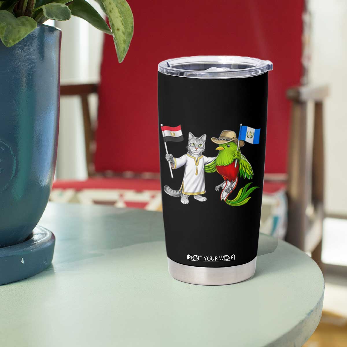 Egypt and Guatemala Friendship Heritage Pride Tumbler Cup Cute Cat and Quetzal Holding Flag TS02 Print Your Wear