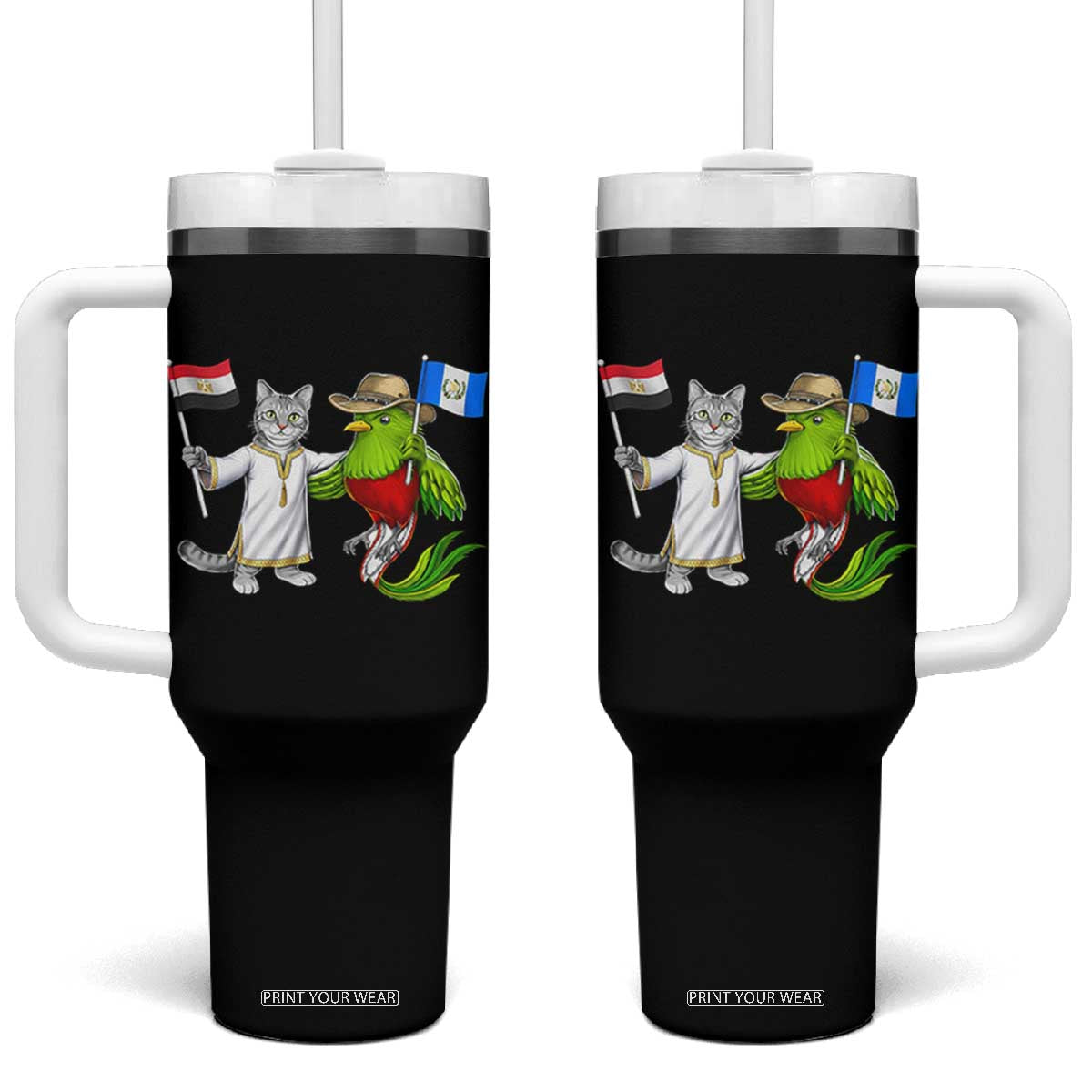 Egypt and Guatemala Friendship Heritage Pride Tumbler With Handle Cute Cat and Quetzal Holding Flag TS02 One Size: 40 oz Black Print Your Wear