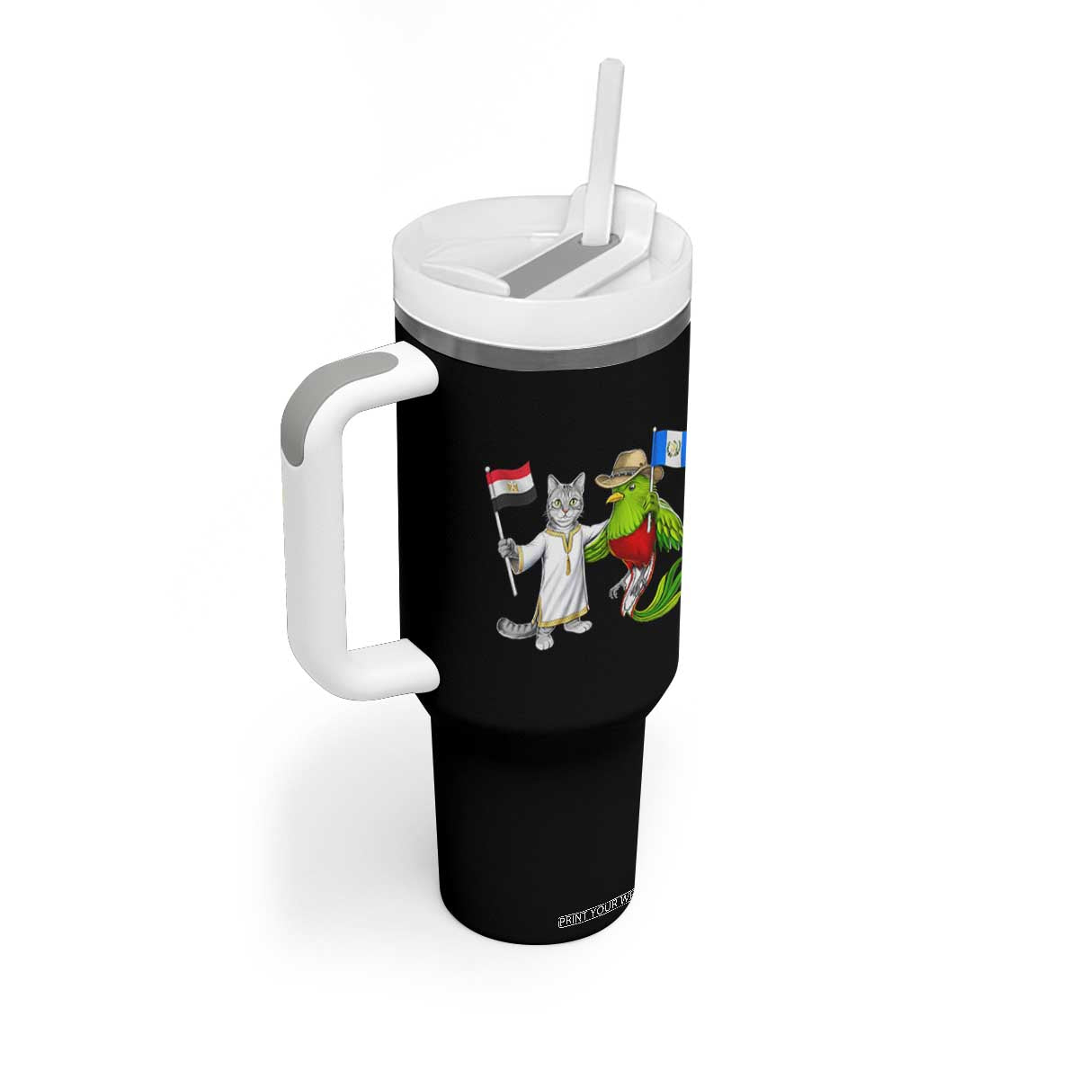 Egypt and Guatemala Friendship Heritage Pride Tumbler With Handle Cute Cat and Quetzal Holding Flag TS02 Print Your Wear
