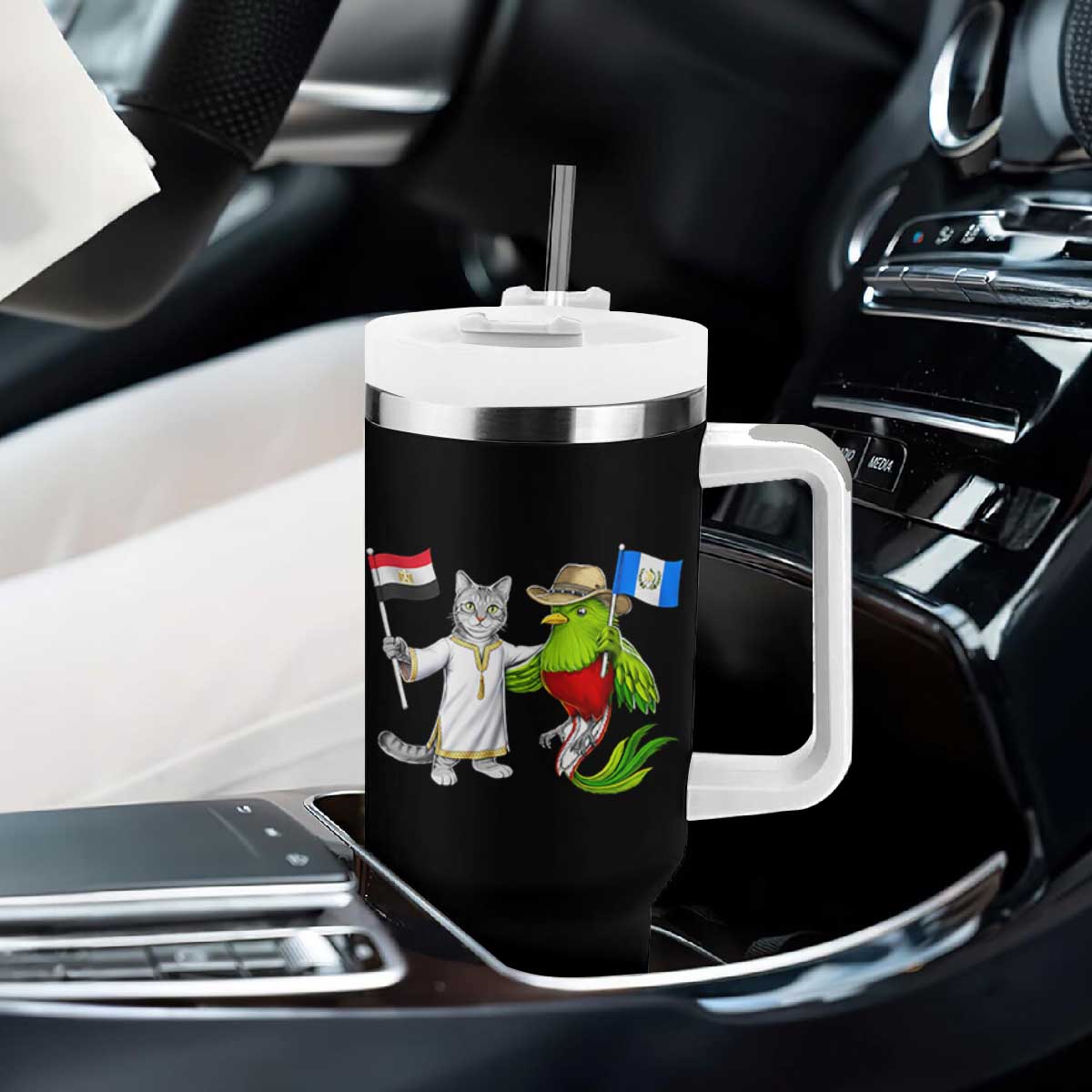 Egypt and Guatemala Friendship Heritage Pride Tumbler With Handle Cute Cat and Quetzal Holding Flag TS02 Print Your Wear