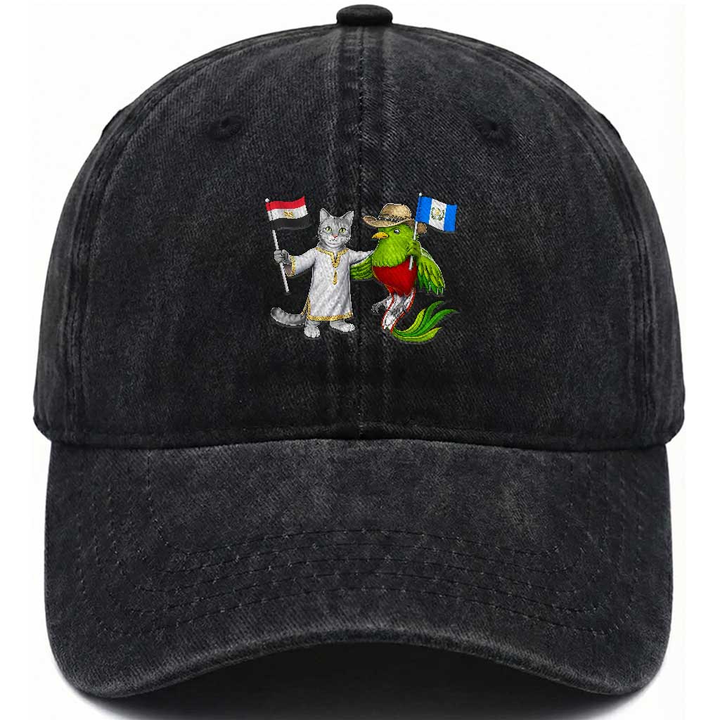 Egypt and Guatemala Friendship Heritage Pride Washed Cotton Baseball Cap Cute Cat and Quetzal Holding Flag TS02 Washed Cap Universal Fit Black Print Your Wear