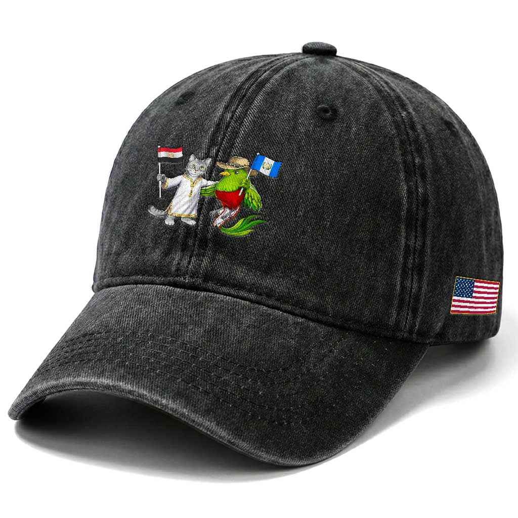 Egypt and Guatemala Friendship Heritage Pride Washed Cotton Baseball Cap Cute Cat and Quetzal Holding Flag TS02 Print Your Wear
