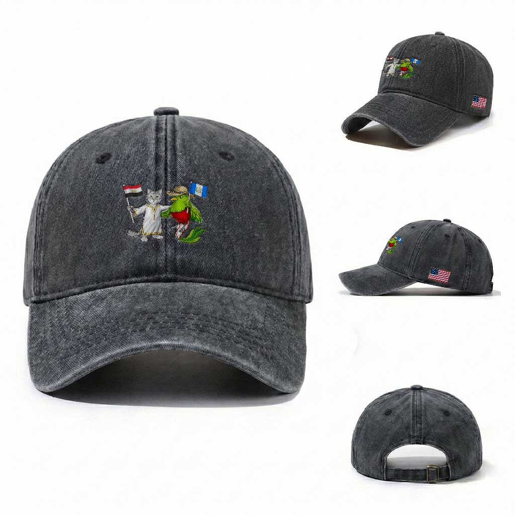 Egypt and Guatemala Friendship Heritage Pride Washed Cotton Baseball Cap Cute Cat and Quetzal Holding Flag TS02 Washed Cap Universal Fit Dark Gray Print Your Wear