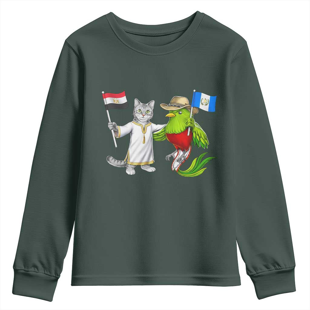 Egypt and Guatemala Friendship Heritage Pride Youth Sweatshirt Cute Cat and Quetzal Holding Flag TS02 Dark Forest Green Print Your Wear