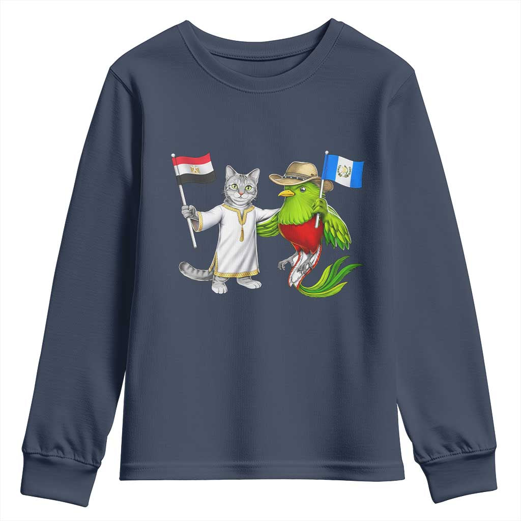 Egypt and Guatemala Friendship Heritage Pride Youth Sweatshirt Cute Cat and Quetzal Holding Flag TS02 Navy Print Your Wear