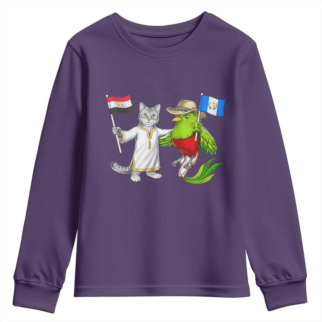 Egypt and Guatemala Friendship Heritage Pride Youth Sweatshirt Cute Cat and Quetzal Holding Flag TS02 Purple Print Your Wear