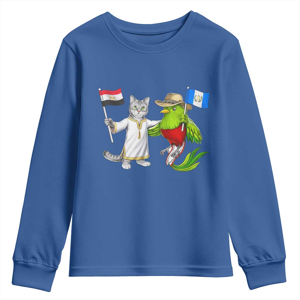 Egypt and Guatemala Friendship Heritage Pride Youth Sweatshirt Cute Cat and Quetzal Holding Flag TS02 Royal Blue Print Your Wear