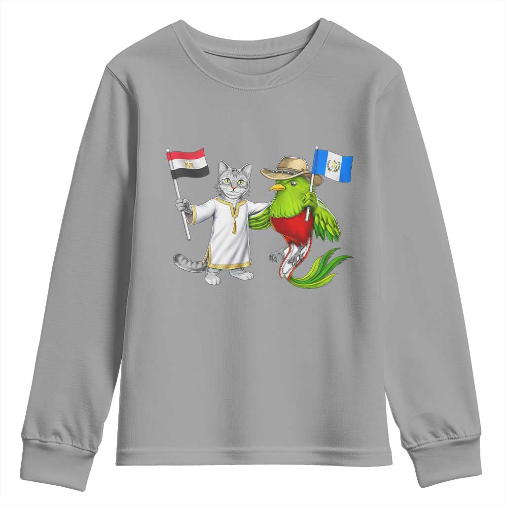 Egypt and Guatemala Friendship Heritage Pride Youth Sweatshirt Cute Cat and Quetzal Holding Flag TS02 Sport Gray Print Your Wear