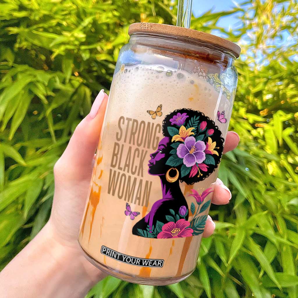 Strong Black Woman Floral Afro Glass Can Empowering Black Queen Pride Celebrating Melanin and Strength TS02 White Print Your Wear