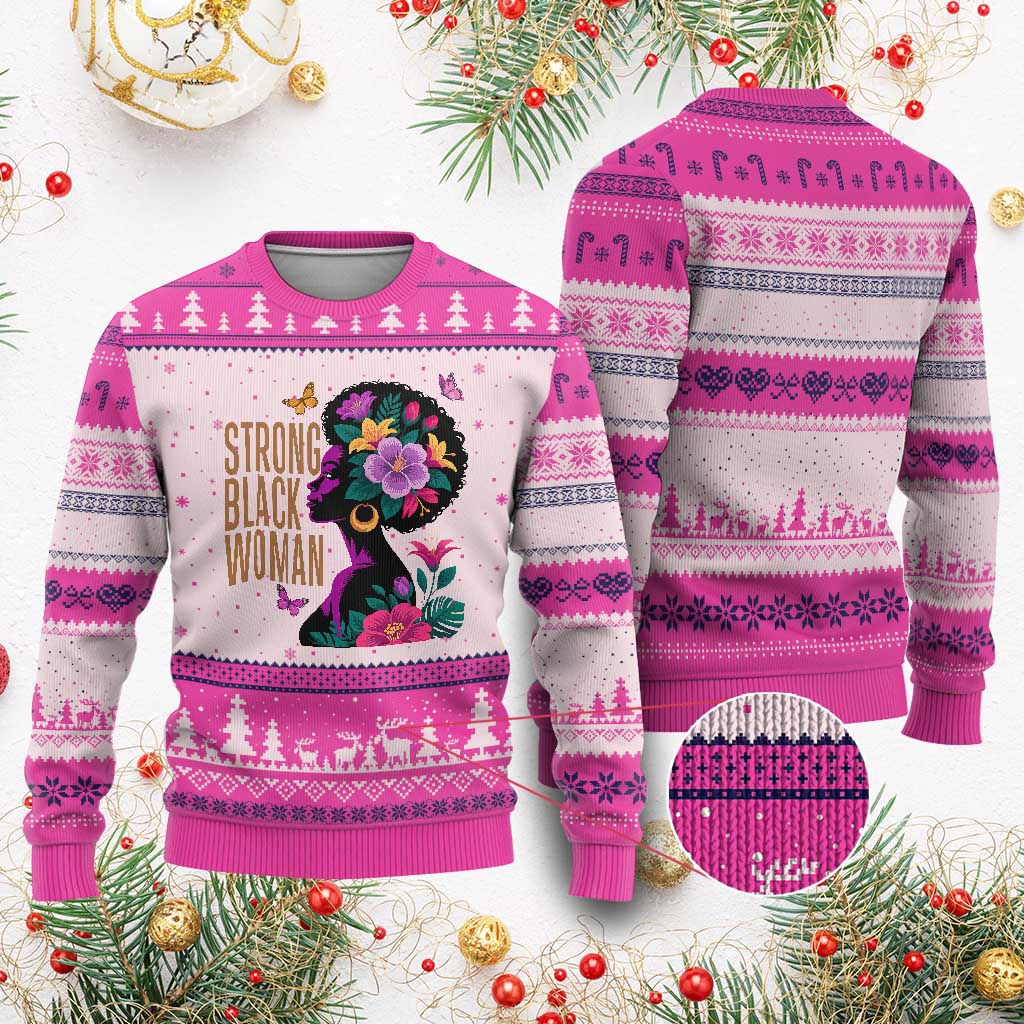 Strong Black Woman Floral Afro Ugly Christmas Sweater Empowering Black Queen Pride Celebrating Melanin and Strength TS02 Hot Pink Print Your Wear