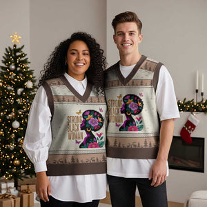 Strong Black Woman Floral Afro V-Neck Knit Sweater Vest Empowering Black Queen Pride Celebrating Melanin and Strength TS02 Mocha Mousse Print Your Wear