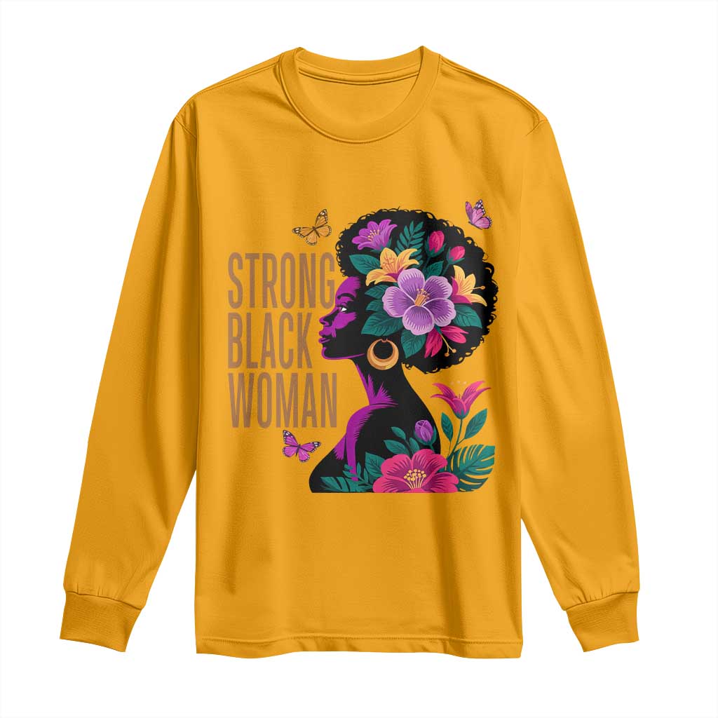 Strong Black Woman Floral Afro Long Sleeve Shirt Empowering Black Queen Pride Celebrating Melanin and Strength TS02 Gold Print Your Wear