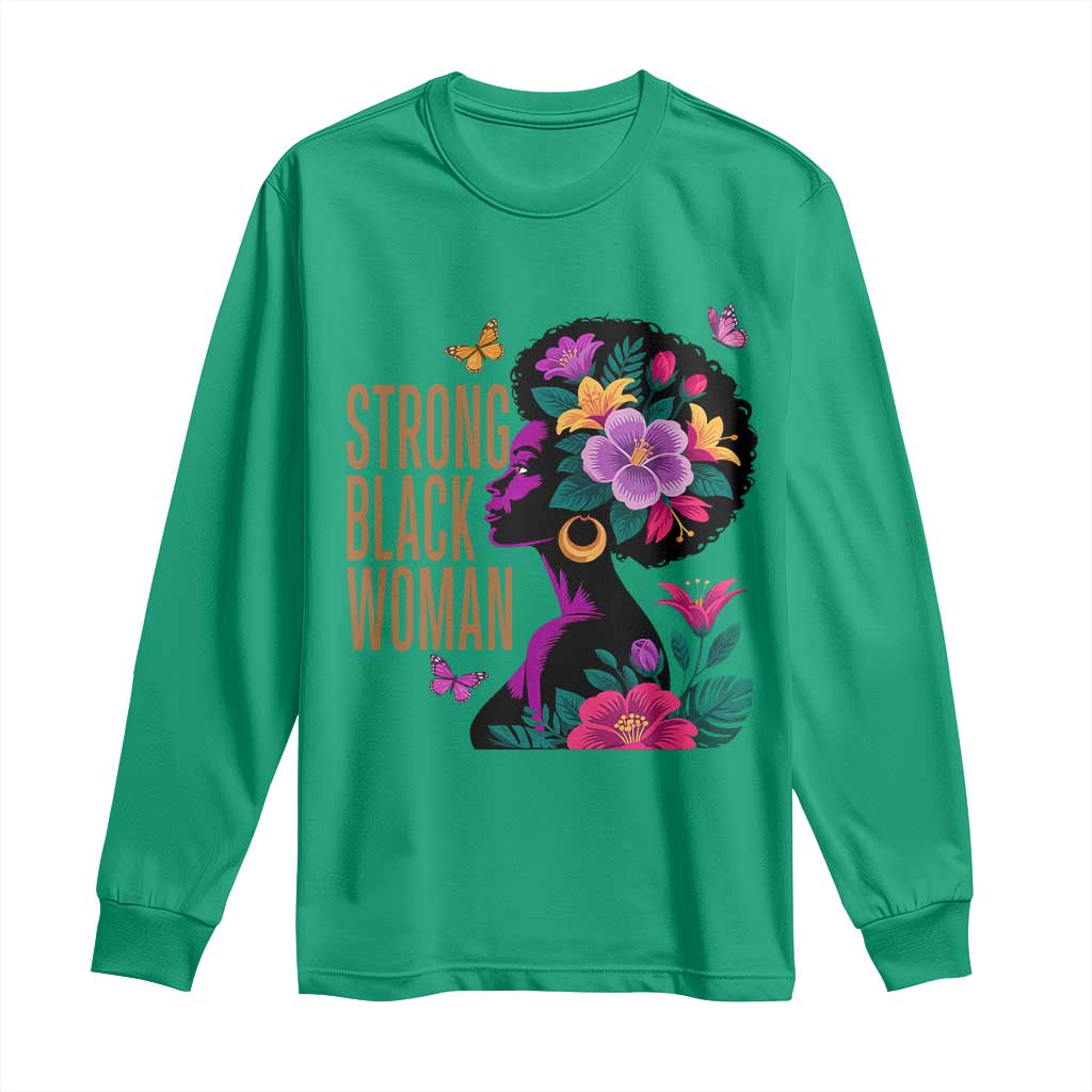 Strong Black Woman Floral Afro Long Sleeve Shirt Empowering Black Queen Pride Celebrating Melanin and Strength TS02 Irish Green Print Your Wear