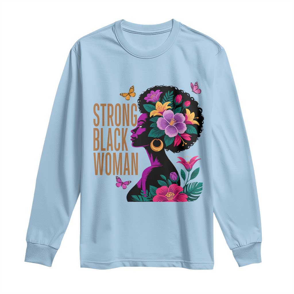 Strong Black Woman Floral Afro Long Sleeve Shirt Empowering Black Queen Pride Celebrating Melanin and Strength TS02 Light Blue Print Your Wear