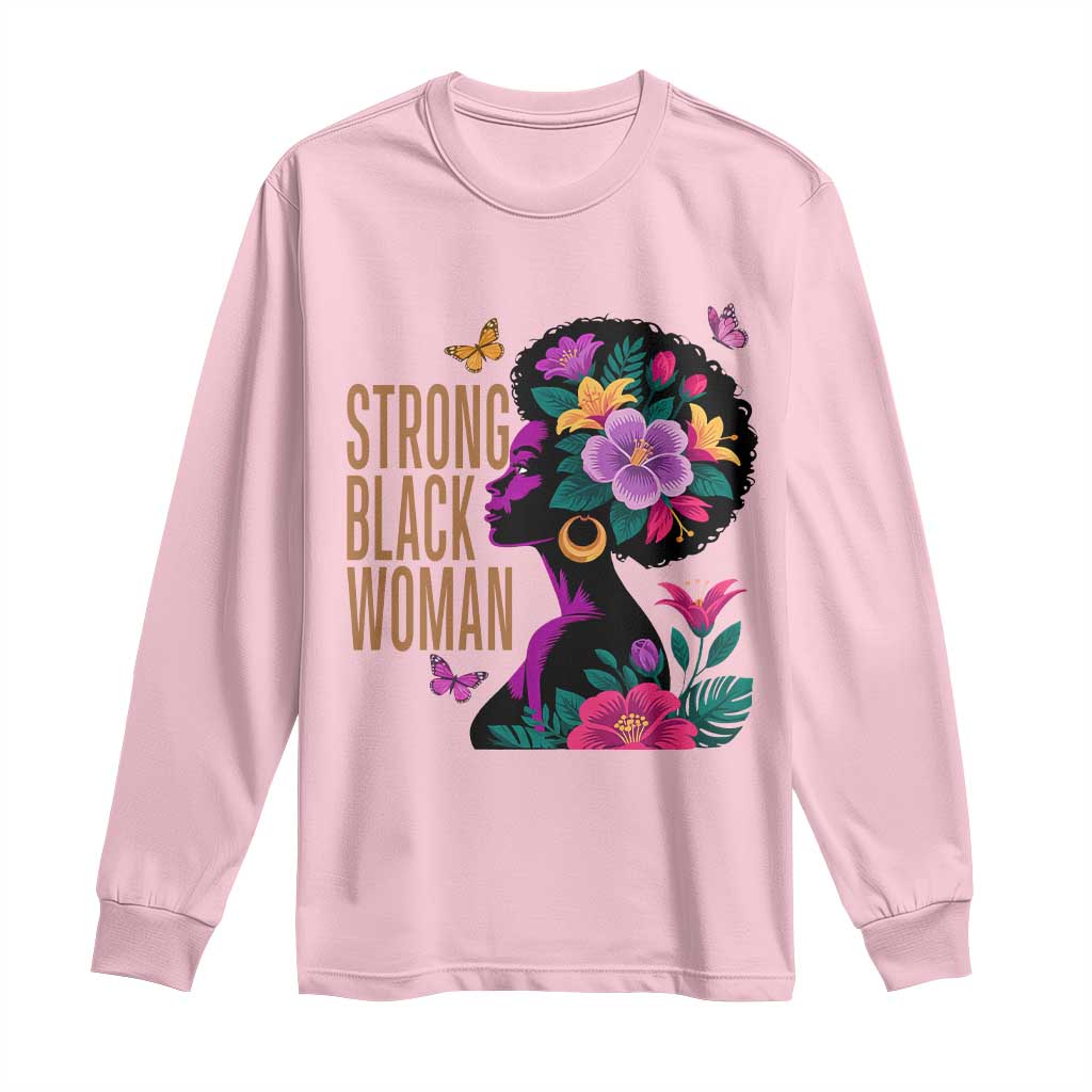 Strong Black Woman Floral Afro Long Sleeve Shirt Empowering Black Queen Pride Celebrating Melanin and Strength TS02 Light Pink Print Your Wear