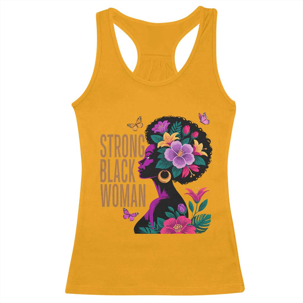 Strong Black Woman Floral Afro Racerback Tank Top Empowering Black Queen Pride Celebrating Melanin and Strength TS02 Gold Print Your Wear
