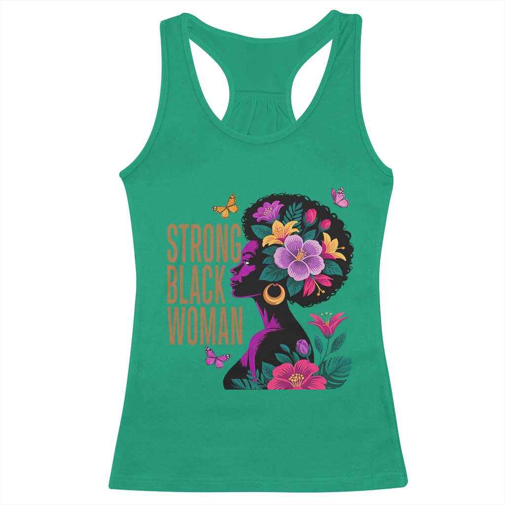 Strong Black Woman Floral Afro Racerback Tank Top Empowering Black Queen Pride Celebrating Melanin and Strength TS02 Irish Green Print Your Wear