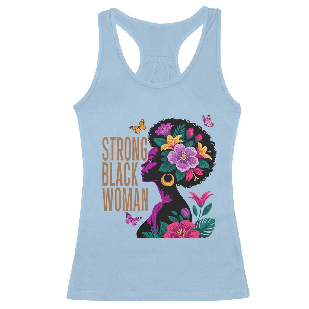 Strong Black Woman Floral Afro Racerback Tank Top Empowering Black Queen Pride Celebrating Melanin and Strength TS02 Light Blue Print Your Wear