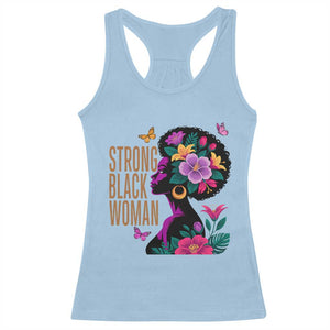 Strong Black Woman Floral Afro Racerback Tank Top Empowering Black Queen Pride Celebrating Melanin and Strength TS02 Light Blue Print Your Wear