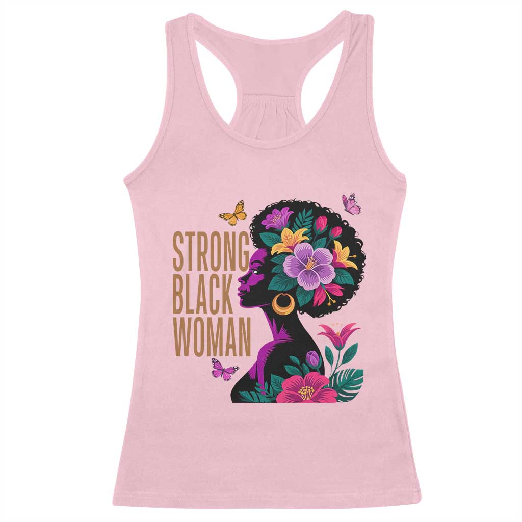 Strong Black Woman Floral Afro Racerback Tank Top Empowering Black Queen Pride Celebrating Melanin and Strength TS02 Light Pink Print Your Wear