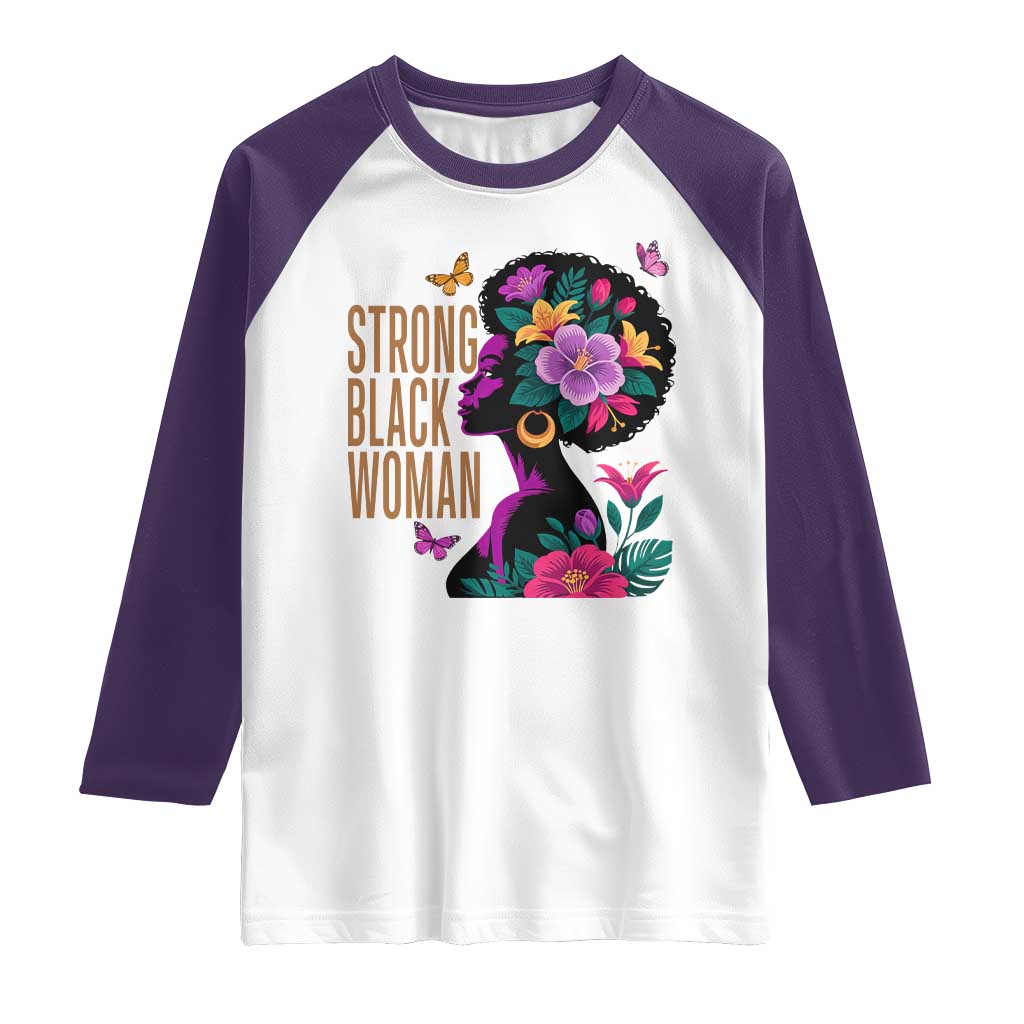 Strong Black Woman Floral Afro Raglan Shirt Empowering Black Queen Pride Celebrating Melanin and Strength TS02 White Purple Print Your Wear