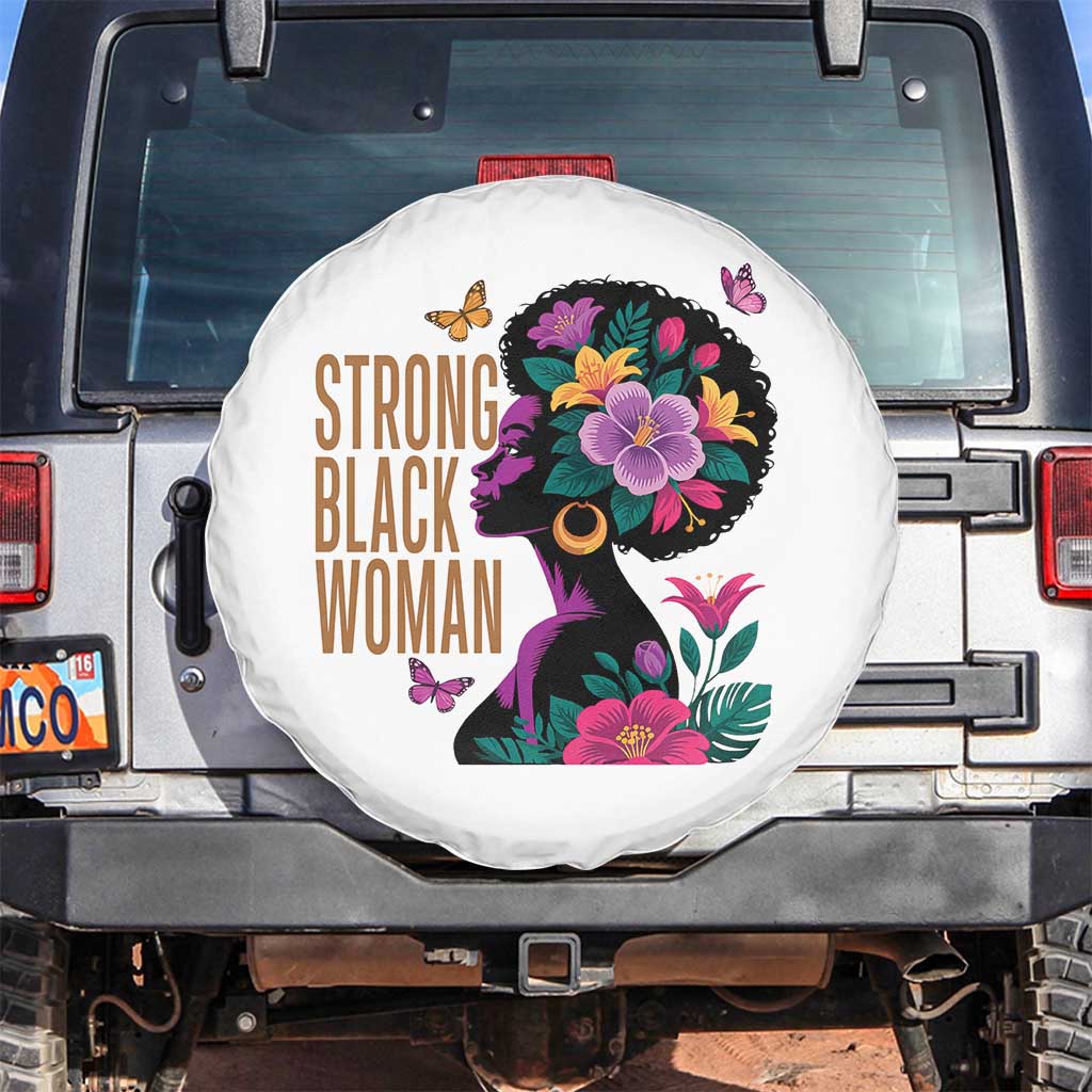 Strong Black Woman Floral Afro Spare Tire Cover Empowering Black Queen Pride Celebrating Melanin and Strength TS02 No hole White Print Your Wear