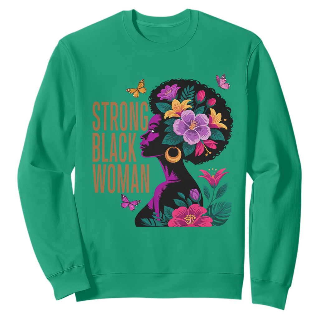 Strong Black Woman Floral Afro Sweatshirt Empowering Black Queen Pride Celebrating Melanin and Strength TS02 Irish Green Print Your Wear