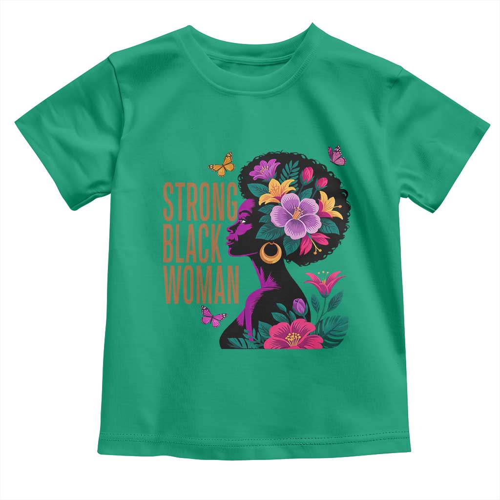 Strong Black Woman Floral Afro Toddler T Shirt Empowering Black Queen Pride Celebrating Melanin and Strength TS02 Irish Green Print Your Wear
