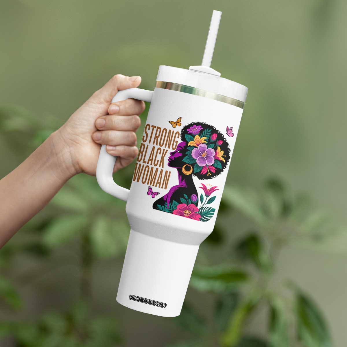 Strong Black Woman Floral Afro Tumbler With Handle Empowering Black Queen Pride Celebrating Melanin and Strength TS02 Print Your Wear