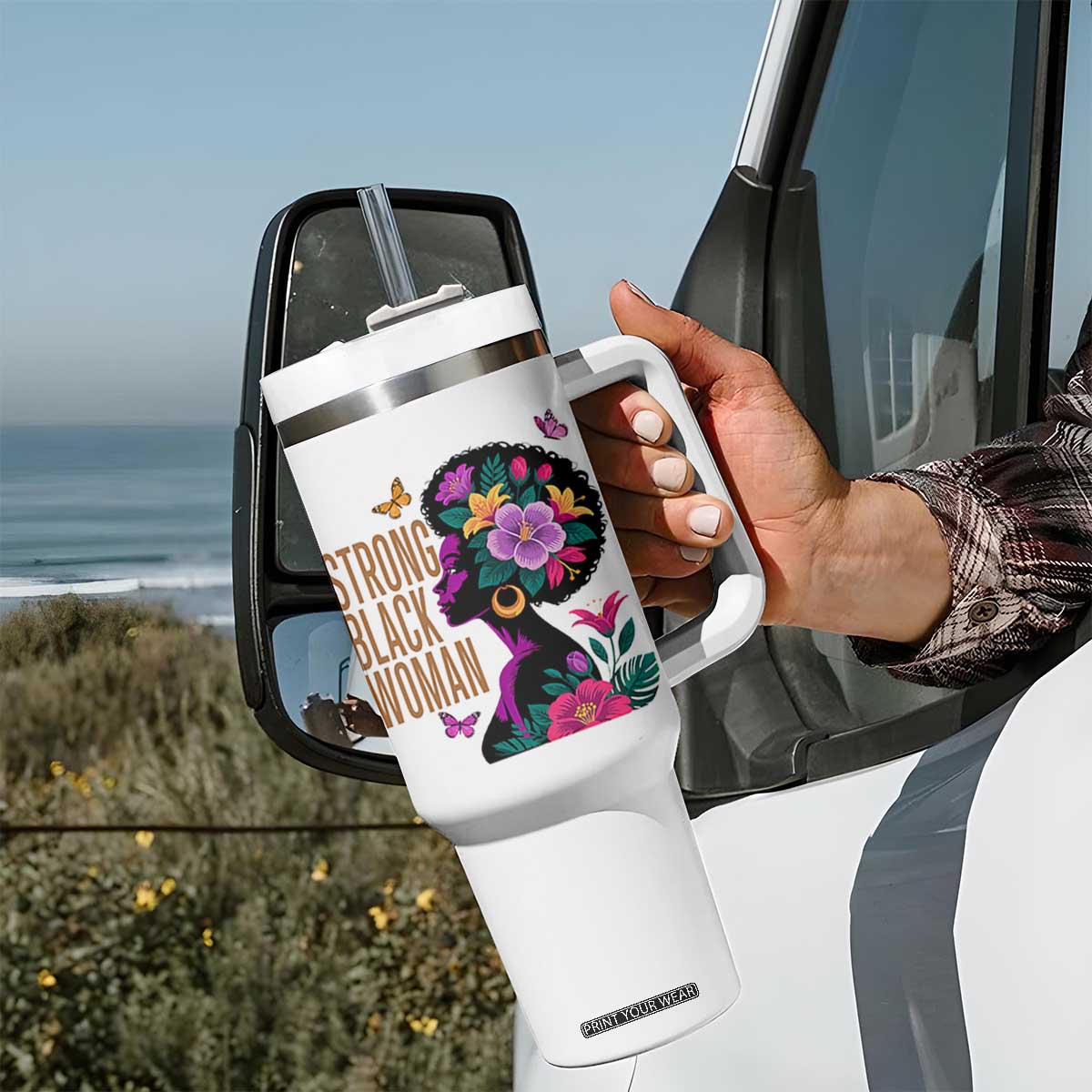Strong Black Woman Floral Afro Tumbler With Handle Empowering Black Queen Pride Celebrating Melanin and Strength TS02 Print Your Wear
