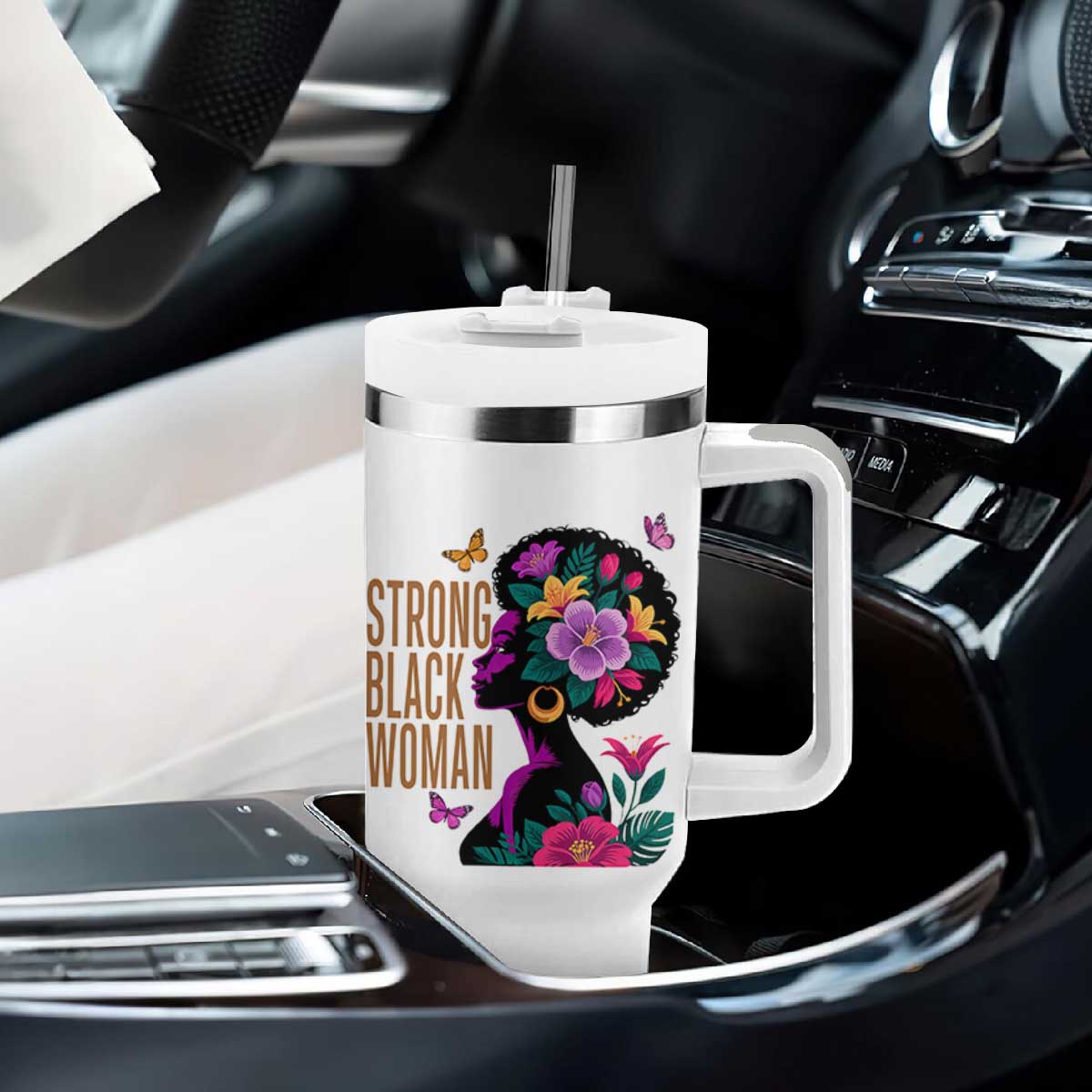 Strong Black Woman Floral Afro Tumbler With Handle Empowering Black Queen Pride Celebrating Melanin and Strength TS02 Print Your Wear