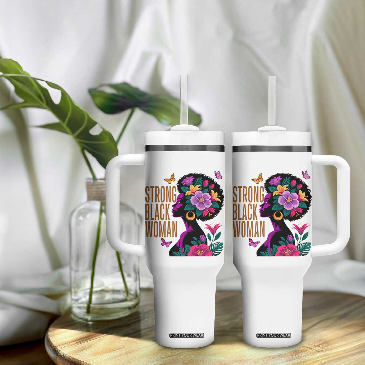 Strong Black Woman Floral Afro Tumbler With Handle Empowering Black Queen Pride Celebrating Melanin and Strength TS02 Print Your Wear