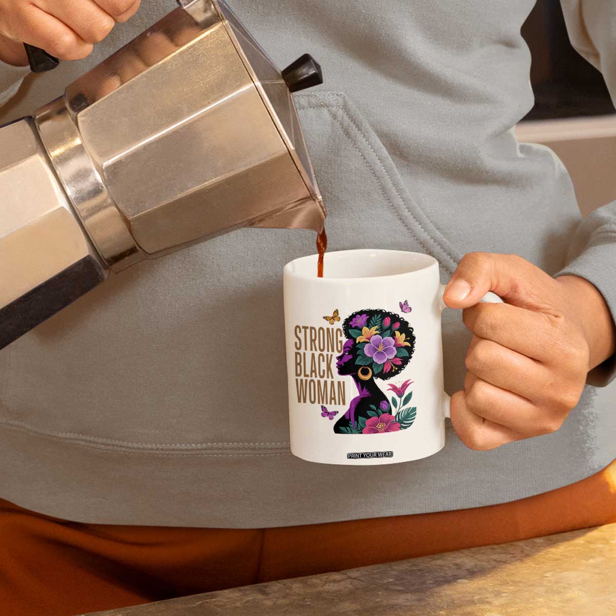 Strong Black Woman Floral Afro Coffee Mug Empowering Black Queen Pride Celebrating Melanin and Strength TS02 Print Your Wear
