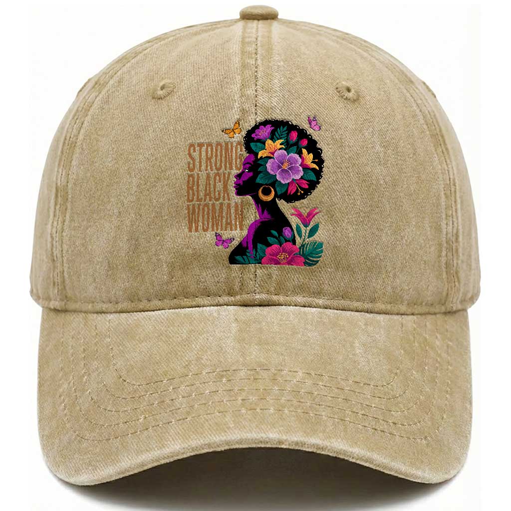 Strong Black Woman Floral Afro Washed Cotton Baseball Cap Empowering Black Queen Pride Celebrating Melanin and Strength TS02 Washed Cap Universal Fit Khaki Print Your Wear