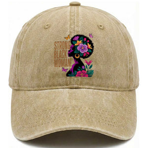 Strong Black Woman Floral Afro Washed Cotton Baseball Cap Empowering Black Queen Pride Celebrating Melanin and Strength TS02 Washed Cap Universal Fit Khaki Print Your Wear