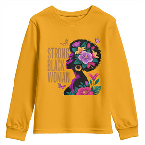 Strong Black Woman Floral Afro Youth Sweatshirt Empowering Black Queen Pride Celebrating Melanin and Strength TS02 Gold Print Your Wear