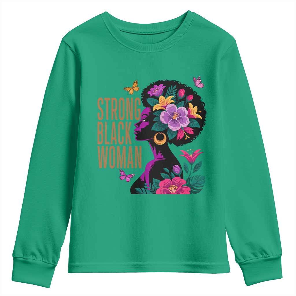 Strong Black Woman Floral Afro Youth Sweatshirt Empowering Black Queen Pride Celebrating Melanin and Strength TS02 Irish Green Print Your Wear