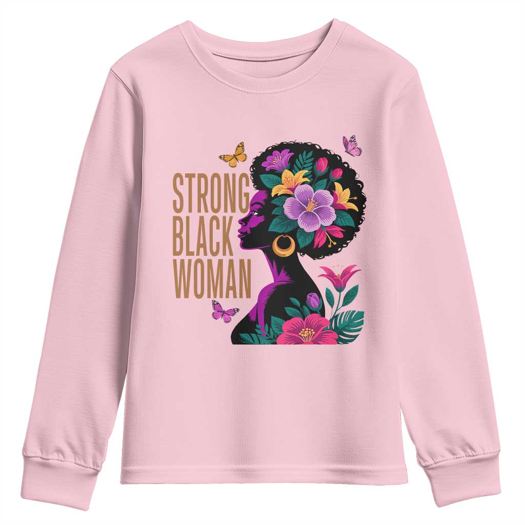 Strong Black Woman Floral Afro Youth Sweatshirt Empowering Black Queen Pride Celebrating Melanin and Strength TS02 Light Pink Print Your Wear