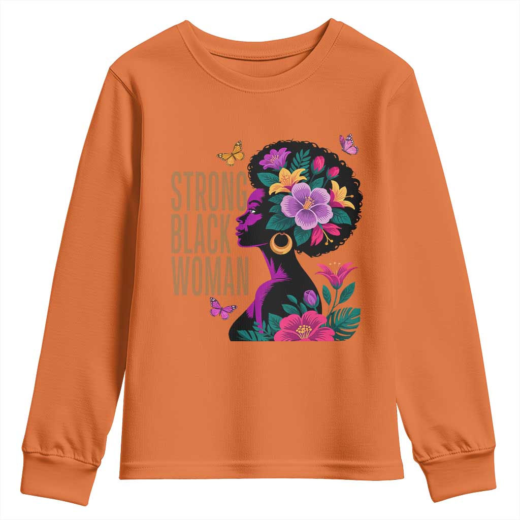 Strong Black Woman Floral Afro Youth Sweatshirt Empowering Black Queen Pride Celebrating Melanin and Strength TS02 Orange Print Your Wear