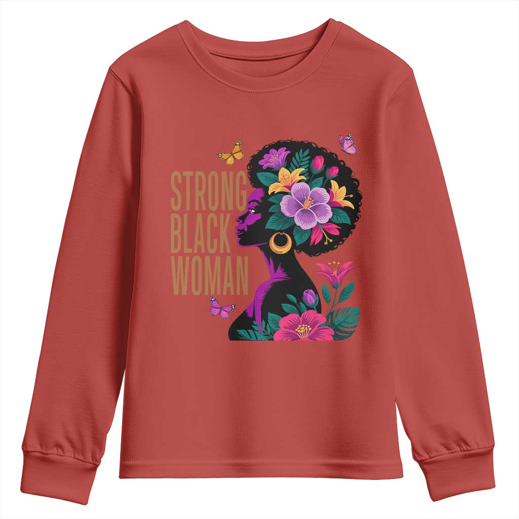 Strong Black Woman Floral Afro Youth Sweatshirt Empowering Black Queen Pride Celebrating Melanin and Strength TS02 Red Print Your Wear