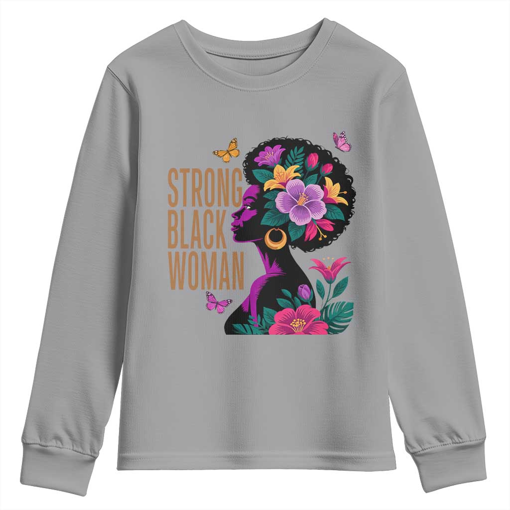 Strong Black Woman Floral Afro Youth Sweatshirt Empowering Black Queen Pride Celebrating Melanin and Strength TS02 Sport Gray Print Your Wear
